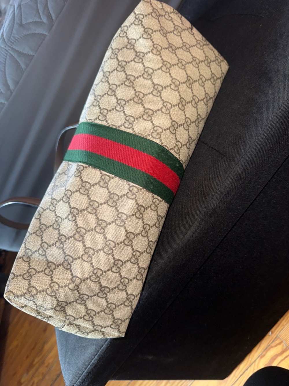 Gucci Beige GG Supreme Tote with Brown Leather and Red/Green Stripe - Picture 6 of 12
